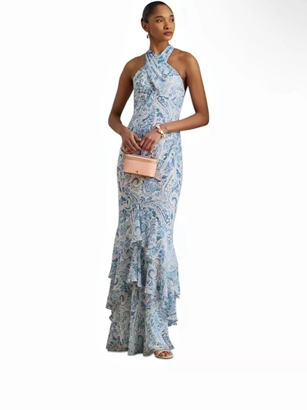 Lauren Ralph Lauren Paisley Halter Maxi Gown Blue & White Like New
